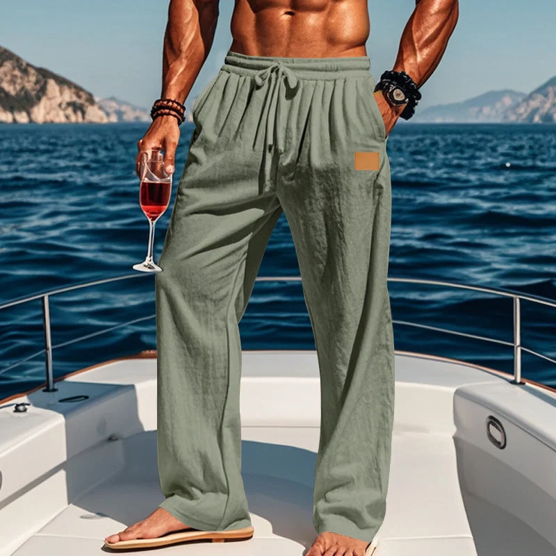 Herren nan leichte Leinenhose mit Tunnelzug, weitem Bein und Seitentaschen Drune