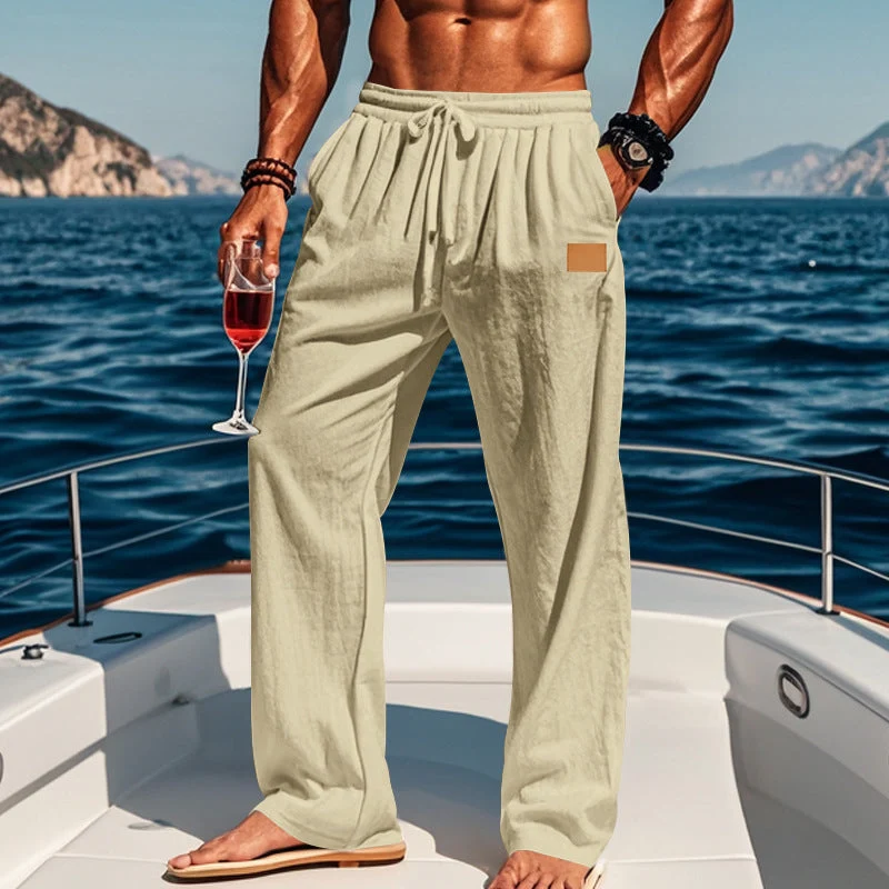 Herren nan leichte Leinenhose mit Tunnelzug, weitem Bein und Seitentaschen Drune