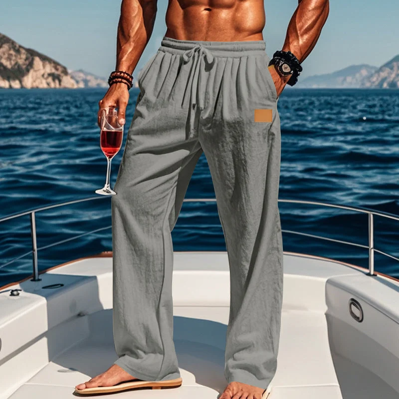 Herren nan leichte Leinenhose mit Tunnelzug, weitem Bein und Seitentaschen Drune