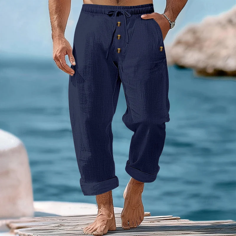 Herren nan lässige atmungsaktive Leinenhose mit Kordelzug Knopfleiste und aufgerollten Bündchen Drune