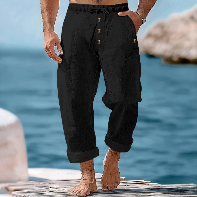 Herren nan lässige atmungsaktive Leinenhose mit Kordelzug Knopfleiste und aufgerollten Bündchen Drune
