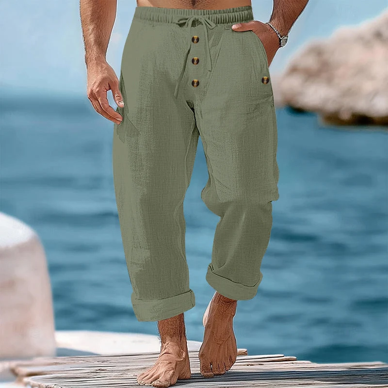 Herren nan lässige atmungsaktive Leinenhose mit Kordelzug Knopfleiste und aufgerollten Bündchen Drune
