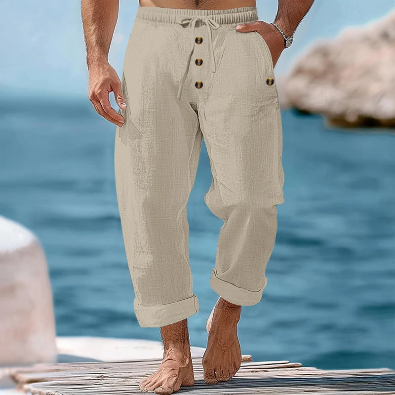 Herren nan lässige atmungsaktive Leinenhose mit Kordelzug Knopfleiste und aufgerollten Bündchen Drune