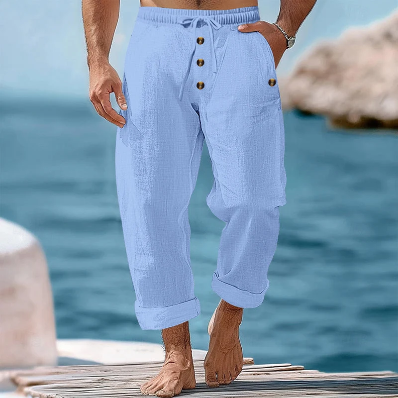 Herren nan lässige atmungsaktive Leinenhose mit Kordelzug Knopfleiste und aufgerollten Bündchen Drune