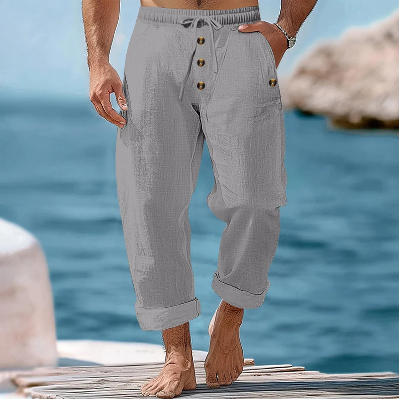 Herren nan lässige atmungsaktive Leinenhose mit Kordelzug Knopfleiste und aufgerollten Bündchen Drune