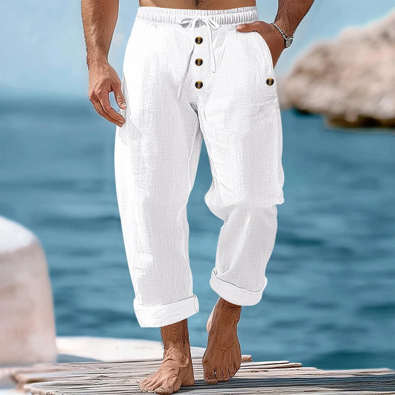 Herren nan lässige atmungsaktive Leinenhose mit Kordelzug Knopfleiste und aufgerollten Bündchen Drune