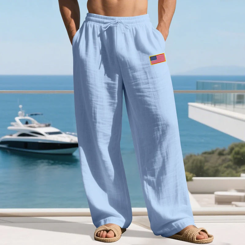 Herren nan lässige Leichtgewicht-Loungehose mit Tunnelzugbund, weitem Bein und Flaggen-Patch Drune
