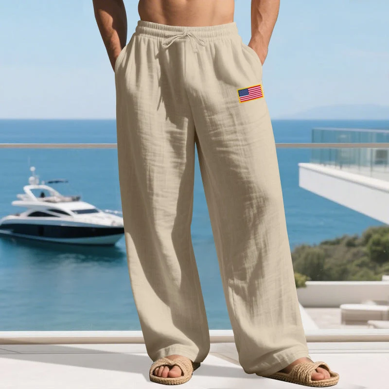 Herren nan lässige Leichtgewicht-Loungehose mit Tunnelzugbund, weitem Bein und Flaggen-Patch Drune