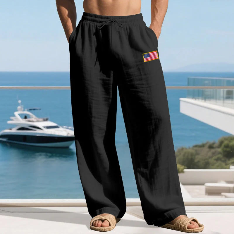 Herren nan lässige Leichtgewicht-Loungehose mit Tunnelzugbund, weitem Bein und Flaggen-Patch Drune