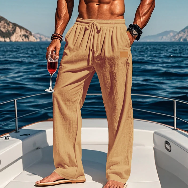 Herren nan lässige Leinen-Relaxhose mit weitem Bein, Tunnelzugbund und tiefen Eingrifftaschen Drune