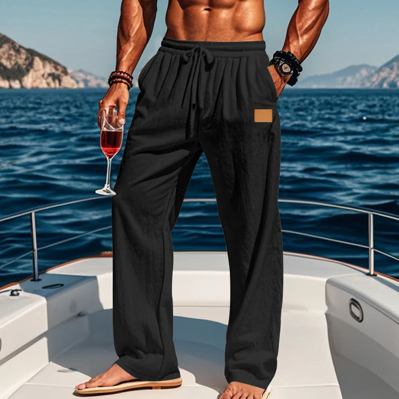 Herren nan lässige Leinen-Relaxhose mit weitem Bein, Tunnelzugbund und tiefen Eingrifftaschen Drune