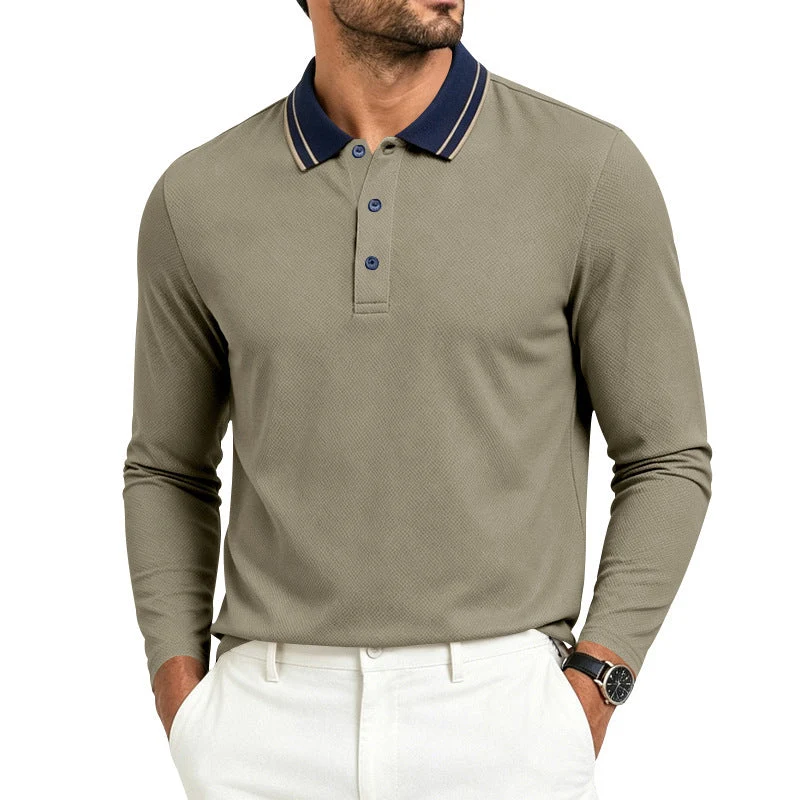 Herren nan langärmliges Piqué-Poloshirt mit Kontrastkragen und Dreiknopfleiste Drune