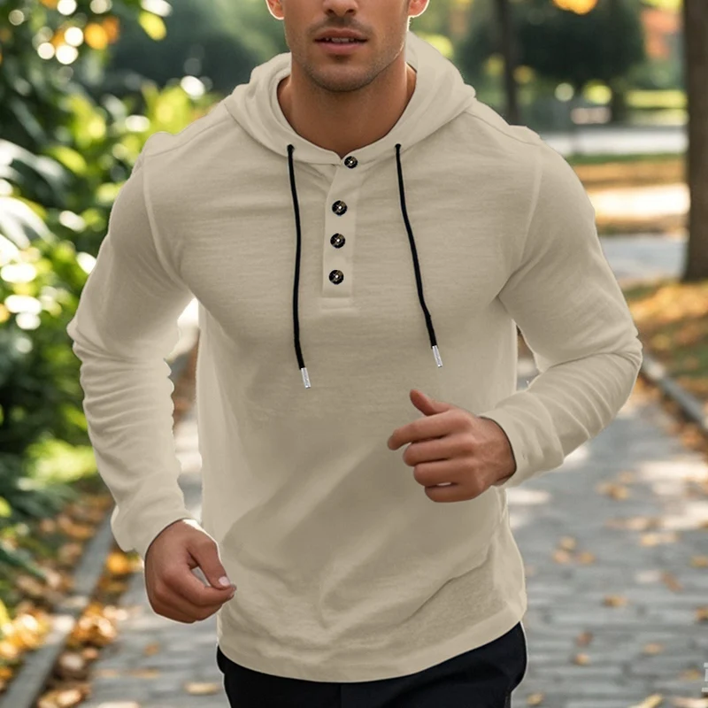 Herren nan Henley-Kapuzenpullover mit Knopfleiste und verstellbarem Kordelzug Drune