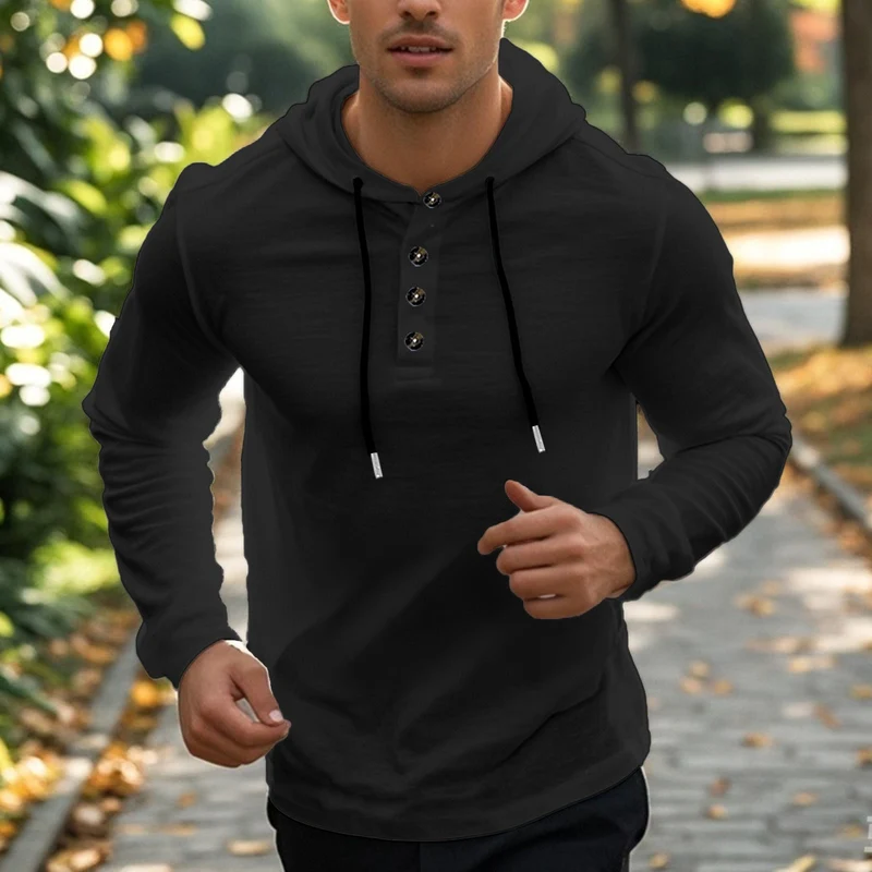 Herren nan Henley-Kapuzenpullover mit Knopfleiste und verstellbarem Kordelzug Drune