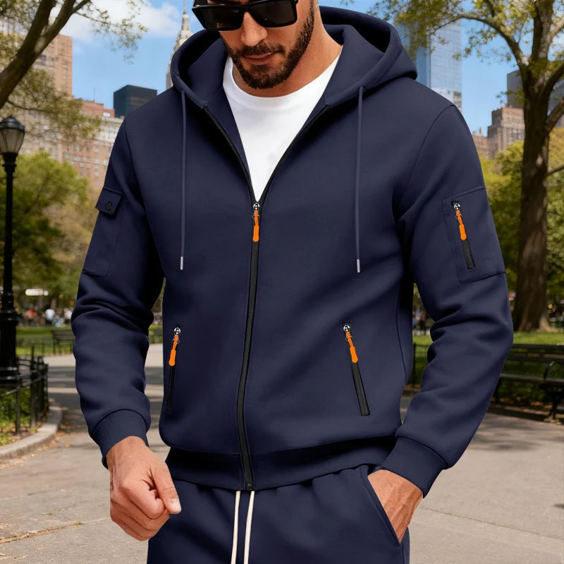 Herren nan Kapuzen-Sweatjacke mit durchgehendem Reißverschluss, mehreren Reißverschlusstaschen und Ärmel-Pocket Drune