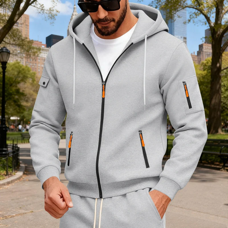 Herren nan Kapuzen-Sweatjacke mit durchgehendem Reißverschluss, mehreren Reißverschlusstaschen und Ärmel-Pocket Drune
