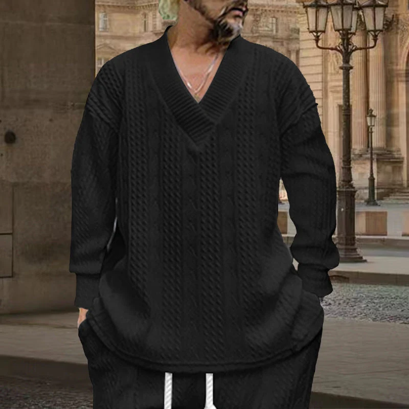 Herren nan grob gestrickter V-Ausschnitt-Pullover mit Zopfmuster und relaxed Fit Drune