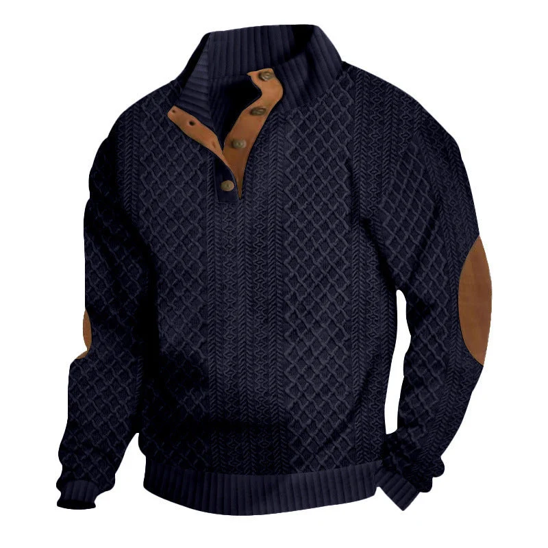 Herren nan grobstrukturierter Halfzip-Strickpullover mit kontrastreicher Knopfleiste und Ellbogenpatches Drune