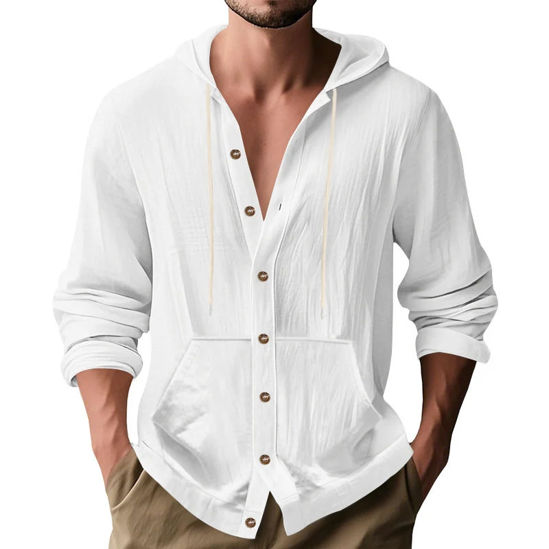 Herren nan figurbetonte Kapuzenhemd-Jacke aus Baumwollmix mit Druckknopfleiste und Kängurutasche Drune