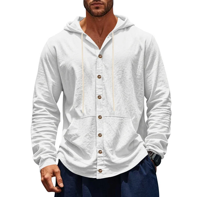 Herren nan figurbetonte Kapuzenhemd-Jacke aus Baumwollmix mit Druckknopfleiste und Kängurutasche Drune