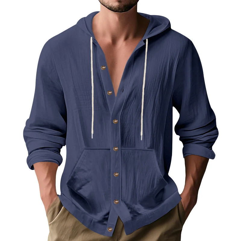 Herren nan figurbetonte Kapuzenhemd-Jacke aus Baumwollmix mit Druckknopfleiste und Kängurutasche Drune