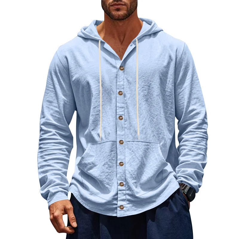 Herren nan figurbetonte Kapuzenhemd-Jacke aus Baumwollmix mit Druckknopfleiste und Kängurutasche Drune