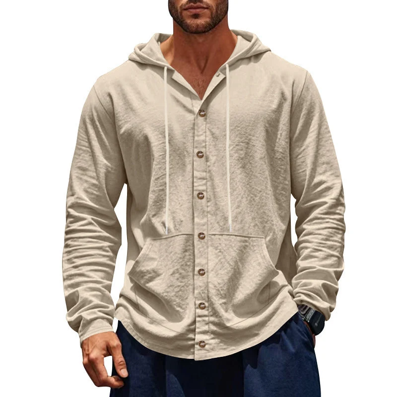 Herren nan figurbetonte Kapuzenhemd-Jacke aus Baumwollmix mit Druckknopfleiste und Kängurutasche Drune