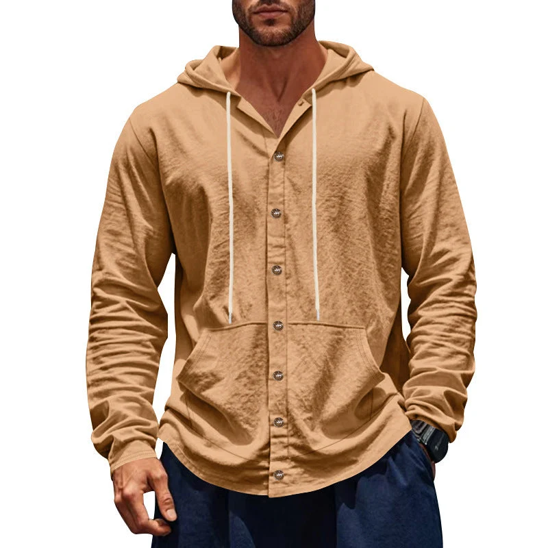 Herren nan figurbetonte Kapuzenhemd-Jacke aus Baumwollmix mit Druckknopfleiste und Kängurutasche Drune