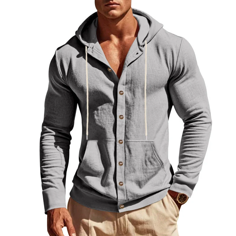Herren nan figurbetonte Kapuzenhemd-Jacke aus Baumwollmix mit Druckknopfleiste und Kängurutasche Drune
