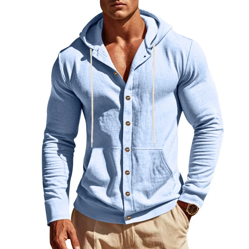 Herren nan figurbetonte Kapuzenhemd-Jacke aus Baumwollmix mit Druckknopfleiste und Kängurutasche Drune