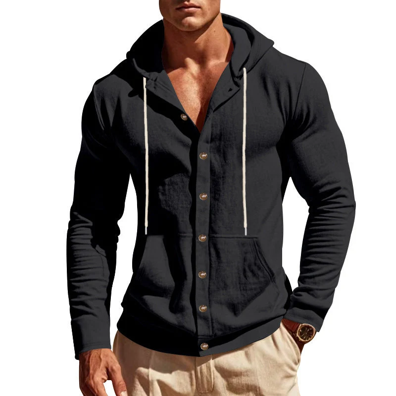 Herren nan figurbetonte Kapuzenhemd-Jacke aus Baumwollmix mit Druckknopfleiste und Kängurutasche Drune