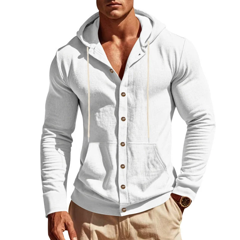 Herren nan figurbetonte Kapuzenhemd-Jacke aus Baumwollmix mit Druckknopfleiste und Kängurutasche Drune