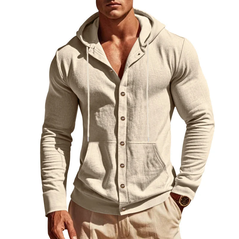 Herren nan figurbetonte Kapuzenhemd-Jacke aus Baumwollmix mit Druckknopfleiste und Kängurutasche Drune