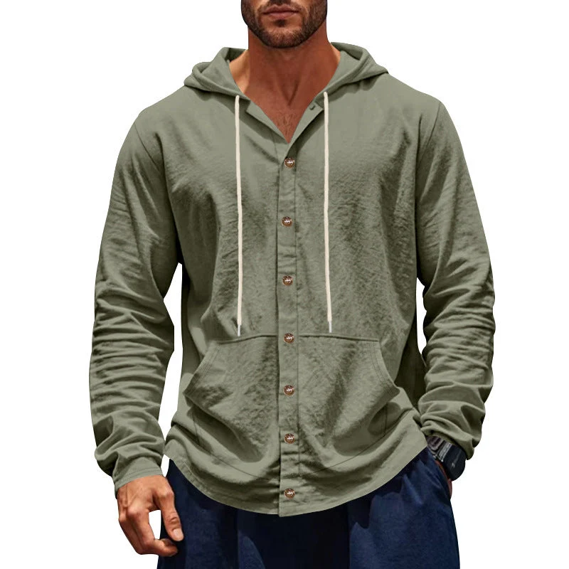 Herren nan figurbetonte Kapuzenhemd-Jacke aus Baumwollmix mit Druckknopfleiste und Kängurutasche Drune