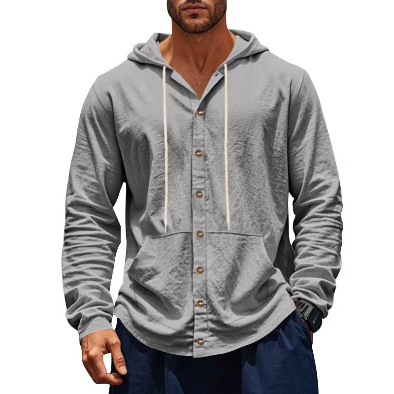 Herren nan figurbetonte Kapuzenhemd-Jacke aus Baumwollmix mit Druckknopfleiste und Kängurutasche Drune
