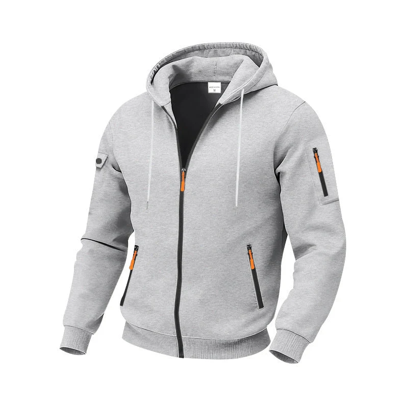 Herren nan funktionale Kapuzen-Sweatjacke mit durchgehendem Reißverschluss, Ärmeltasche und wasserabweisenden Reißverschlüssen Drune