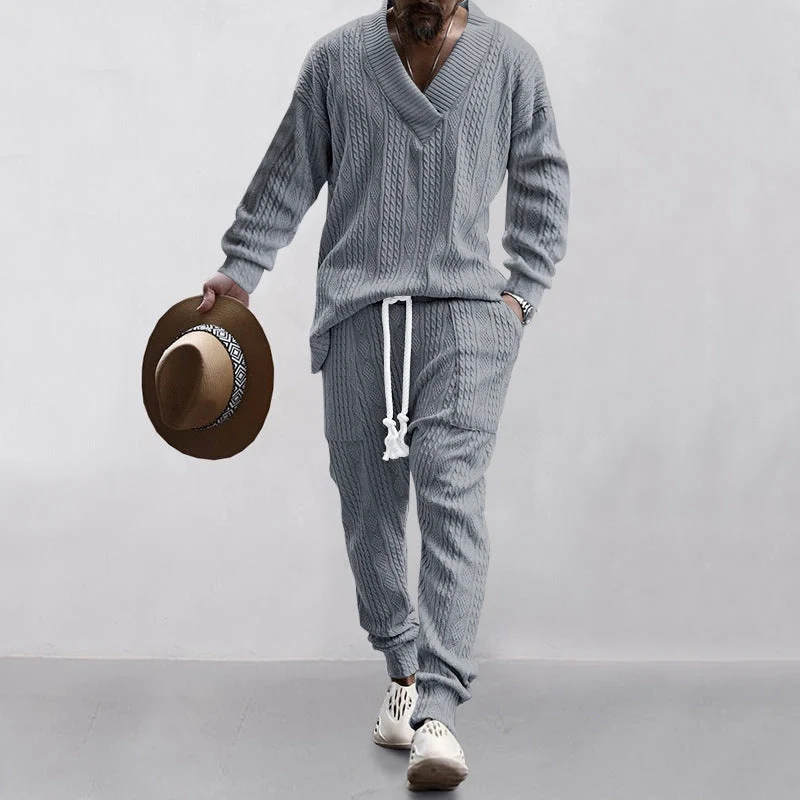 Herren nan gestricktes Lounge-Set mit V-Ausschnitt, Kabelstruktur und Kordelzug-Jogginghose Drune