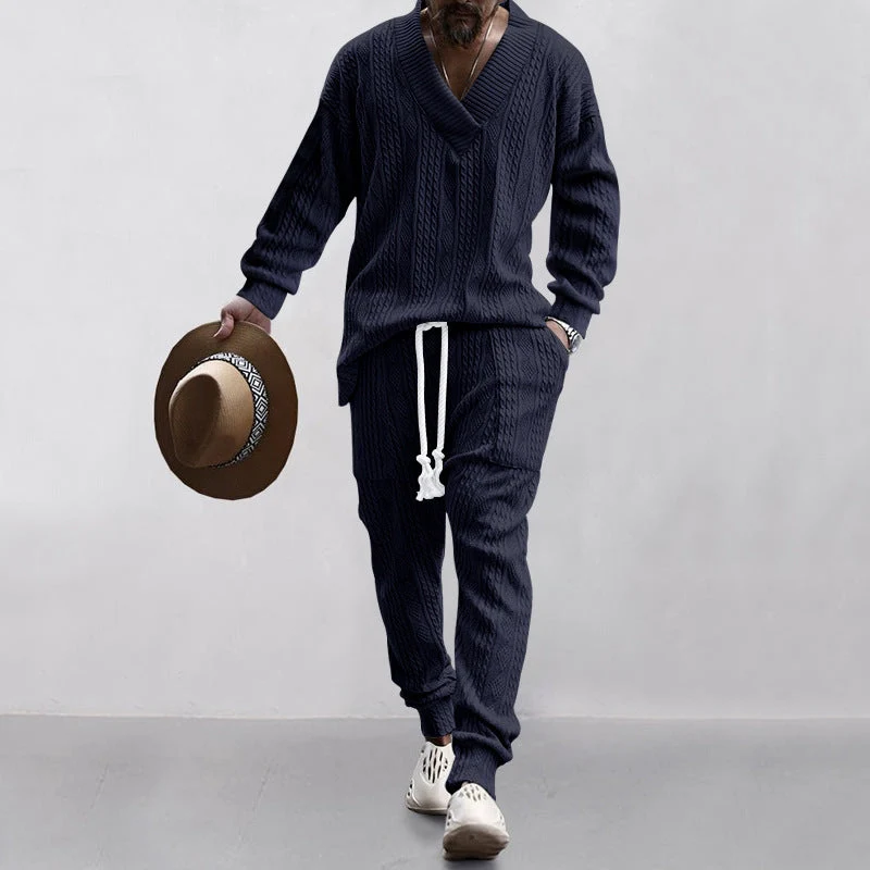 Herren nan gestricktes Lounge-Set mit V-Ausschnitt, Kabelstruktur und Kordelzug-Jogginghose Drune