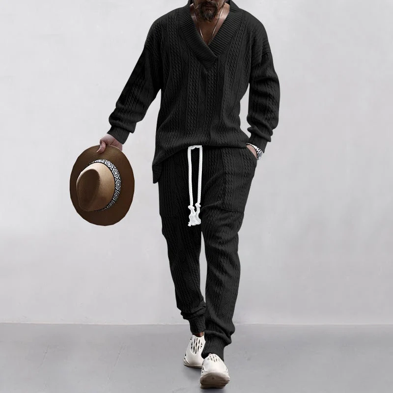 Herren nan gestricktes Lounge-Set mit V-Ausschnitt, Kabelstruktur und Kordelzug-Jogginghose Drune