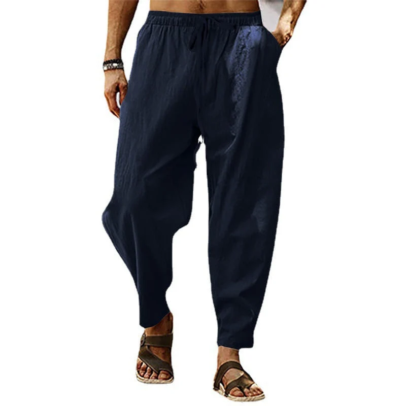 Herren nan entspannte Harem-Loungehose aus Leinenmix mit weitem Bein, elastischem Bund, Kordelzug und seitlichen Eingrifftaschen Drune