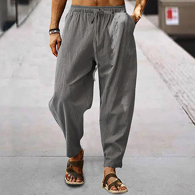 Herren nan entspannte Harem-Loungehose aus Leinenmix mit weitem Bein, elastischem Bund, Kordelzug und seitlichen Eingrifftaschen Drune