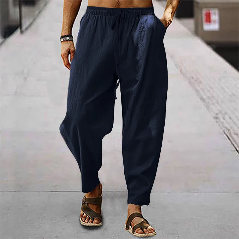 Herren nan entspannte Harem-Loungehose aus Leinenmix mit weitem Bein, elastischem Bund, Kordelzug und seitlichen Eingrifftaschen Drune