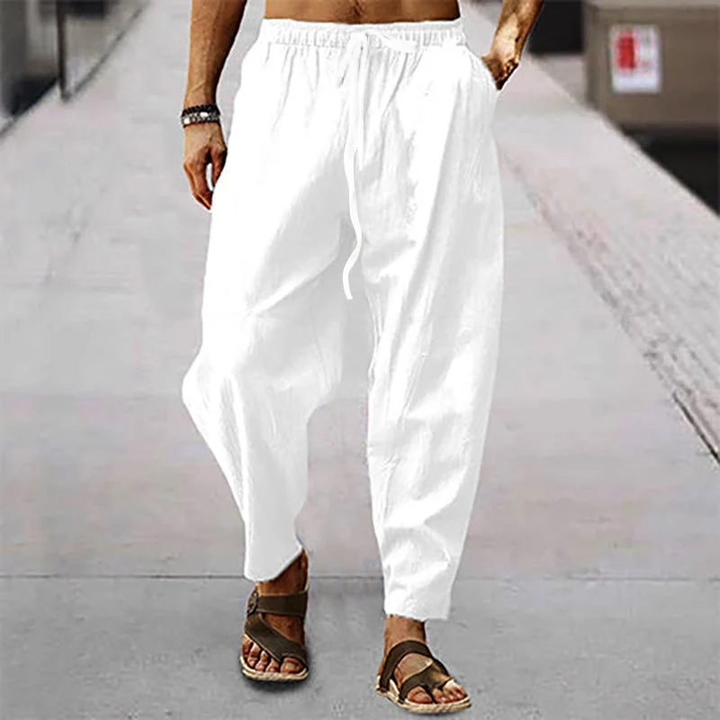 Herren nan entspannte Harem-Loungehose aus Leinenmix mit weitem Bein, elastischem Bund, Kordelzug und seitlichen Eingrifftaschen Drune