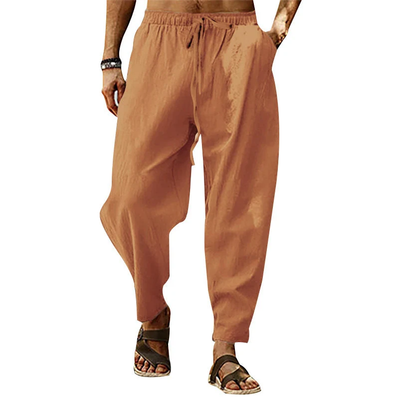 Herren nan entspannte Harem-Loungehose aus Leinenmix mit weitem Bein, elastischem Bund, Kordelzug und seitlichen Eingrifftaschen Drune