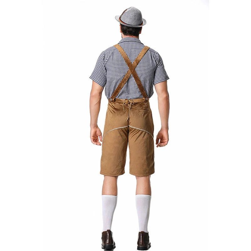 Herren nan traditionelle Trachtenlederhose mit bestickten Hosenträgern, kariertem Trachtenhemd und Filzhut Drune