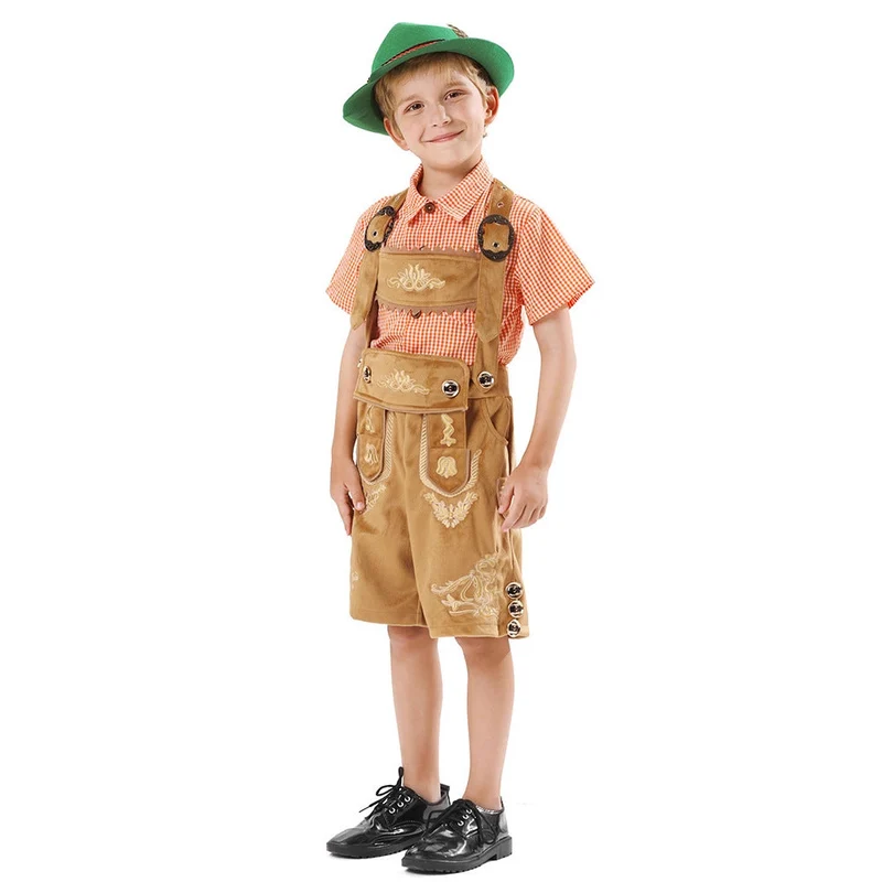Herren nan traditionelle Kinderlederhose kurz mit aufwendiger Stickerei, Latztasche und verstellbaren Trägern Drune