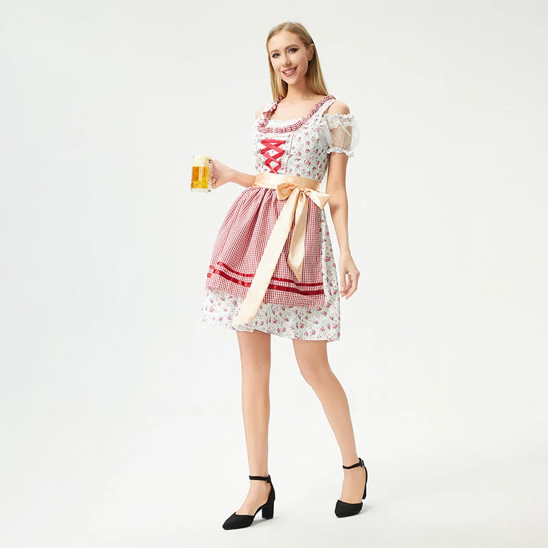 Damen nan traditionelles Oktoberfest Dirndl mit geschnürter Miederpartie, Rüschen und Satin-Schürze Drune