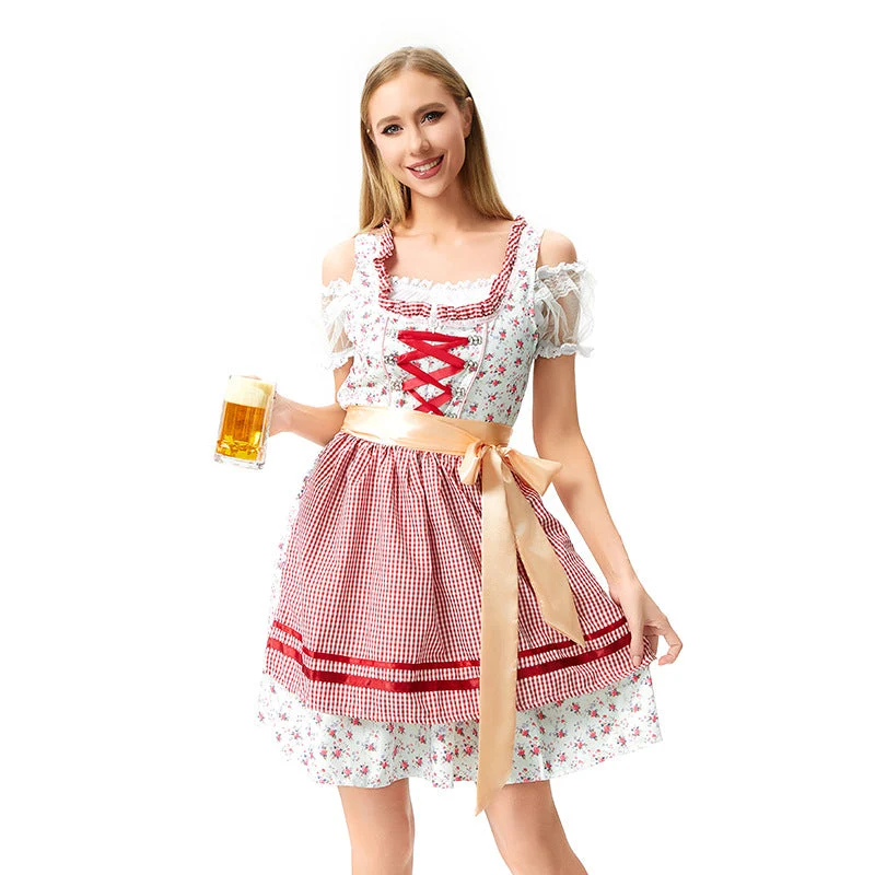 Damen nan traditionelles Oktoberfest Dirndl mit geschnürter Miederpartie, Rüschen und Satin-Schürze Drune