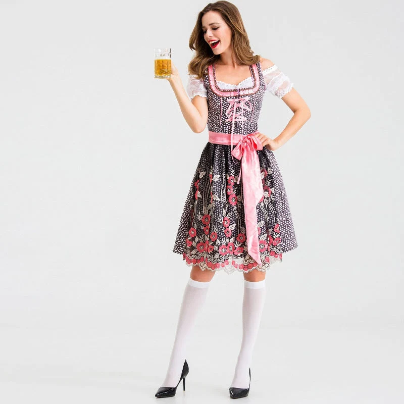 Damen nan traditionelles Kurzdirndl mit Spitzenärmeln, Schnürung und floraler Schürze Drune