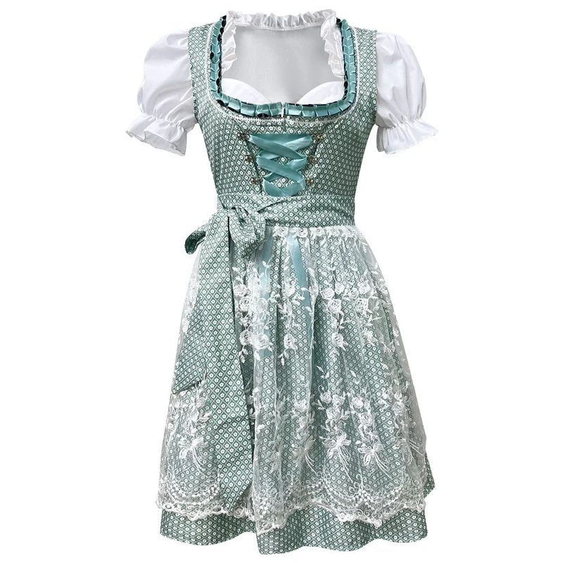 Damen nan traditionelles kurzes Dirndl mit Spitzenapron, Herzausschnitt, Puffärmeln und Schnürung Drune